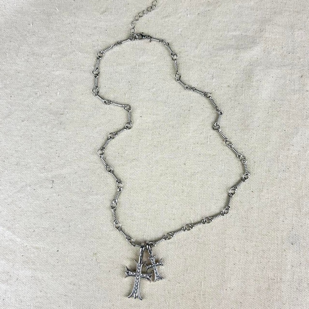Vintage Y2K silver double cross opium style necklace diamond chain